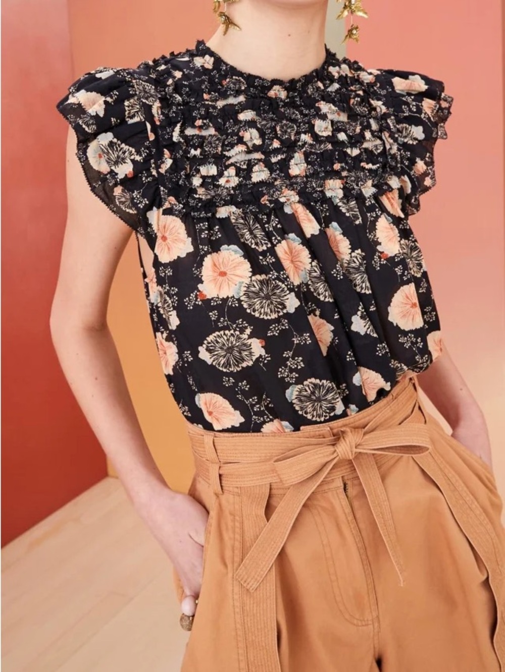 Ulla Johnson Erin Top Noir Floral Flutter Sleeve Ruffle Size 10 Cotton Shirt
